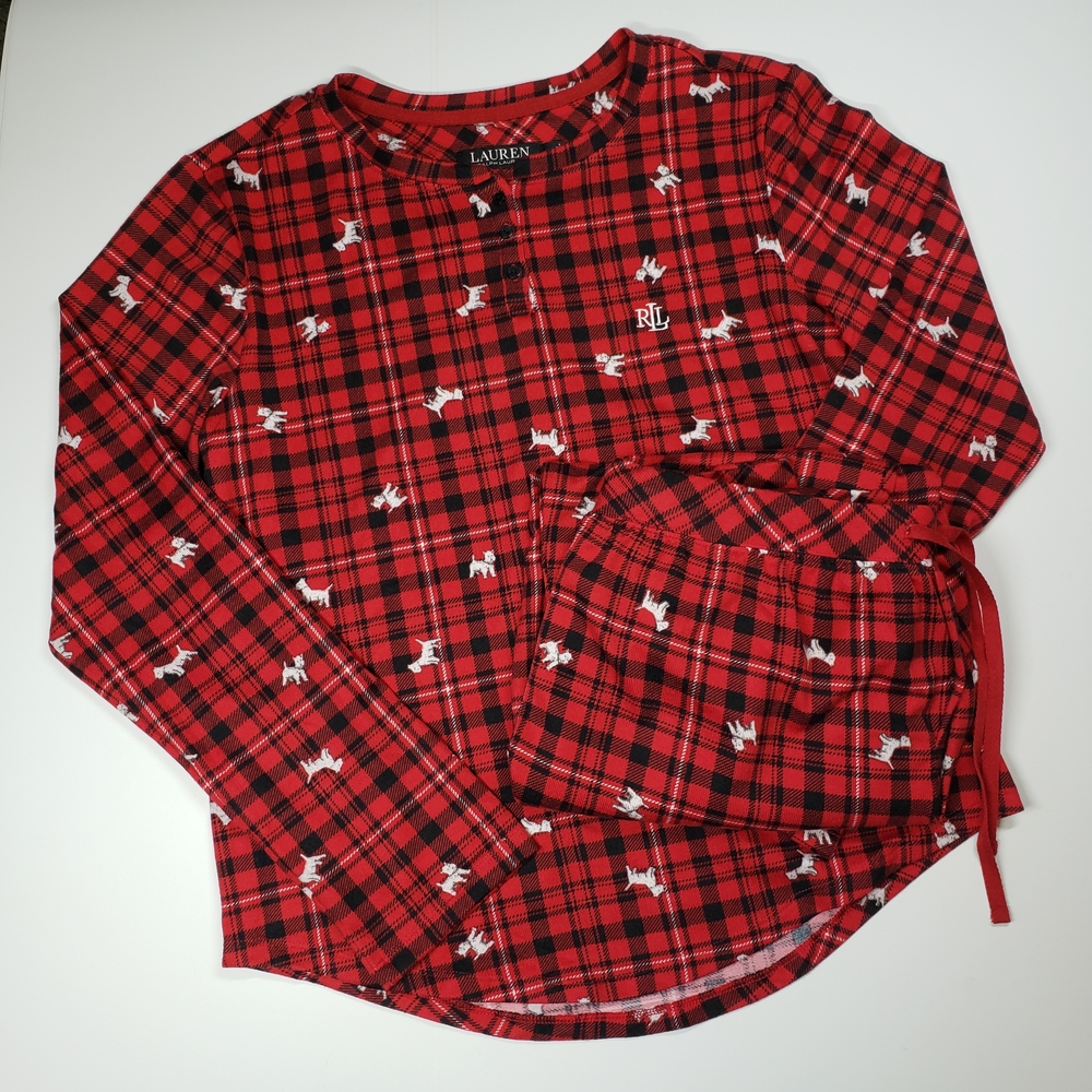 Lauren Ralph Lauren Brushed Knit Henley Red Plaid Pajama Set with Dog Pattern
